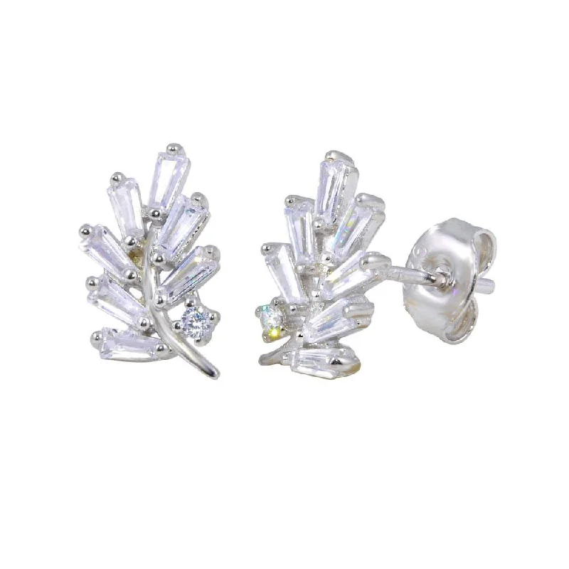 Ladies earrings romantic era designs-Rhodium Plated 925 Sterling Silver Leaf Baguette CZ Earrings - STE01191