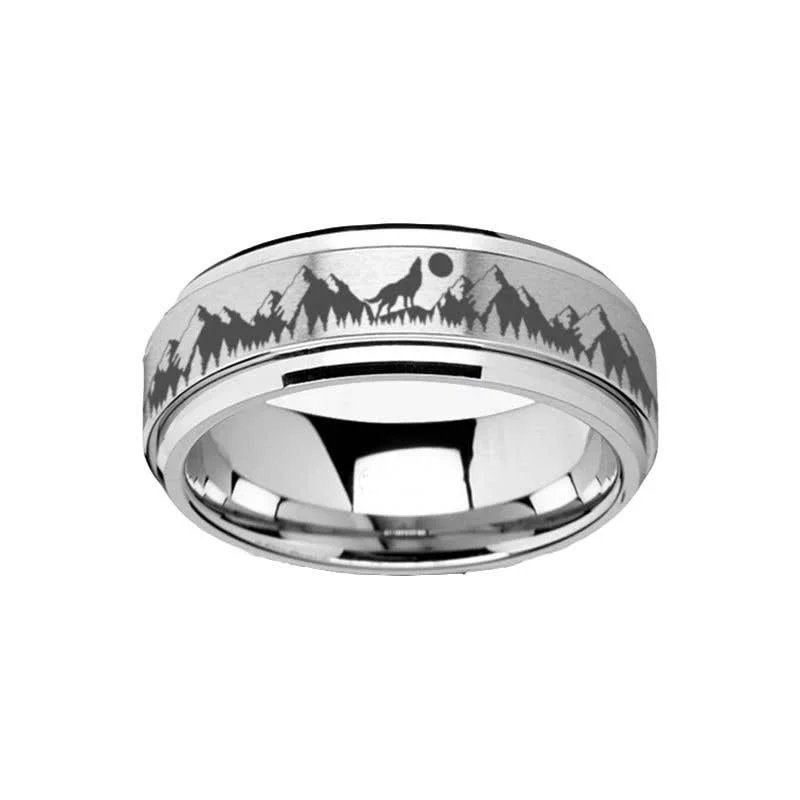 Ladies rings balanced proportion styles-Thorsten Spinning Engraved Mountain Wolf Moon Tungsten Carbide Spinner Band - 8mm