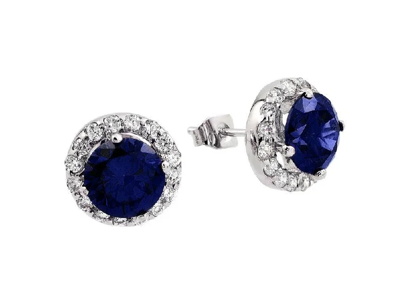 Ladies earrings celestial theme earrings-Silver 925 Rhodium Plated Blue round CZ Stud Earrings - BGE00368B