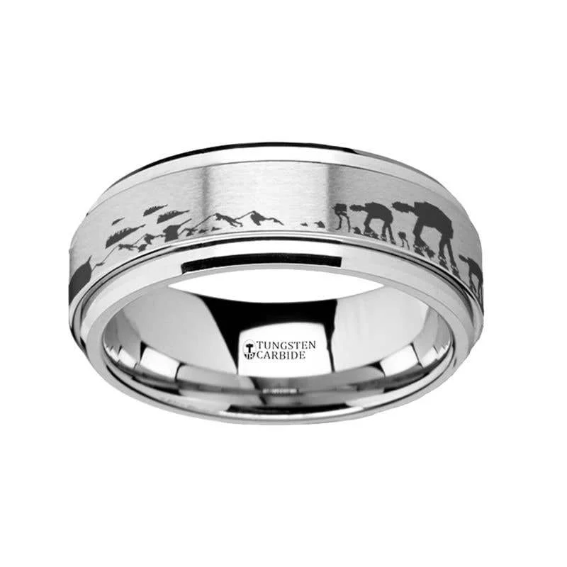 Ladies rings heart cut designs-Thorsten Spinning Engraved Hoth Battle Scene Star Wars Tungsten Carbide Spinner Wedding Band - 8mm