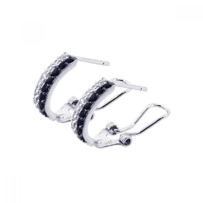 Ladies earrings iridescent finish designs-Silver 925 Rhodium Plated Black and Clear Crescent CZ Hoop Earrings - BGE00045