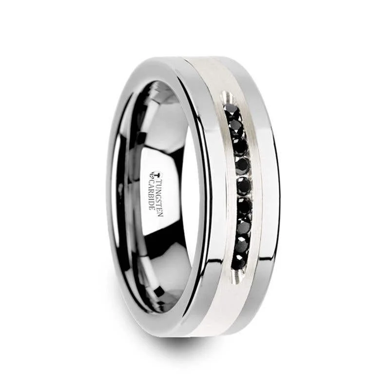 Ladies rings jewelry care tips-Thorsten BLACKSTONE Flat Tungsten Wedding Band with Brushed Silver Inlay Center and 9 Channel Set Black Diamonds - 8mm