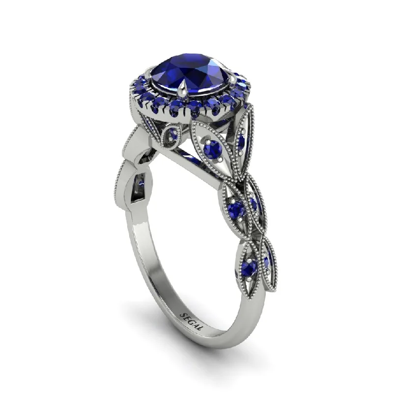 Ladies engagement rings pave solitaires-Sapphire Halo Nature Inspired Leaf Engagement Ring - Alessandra No. 75