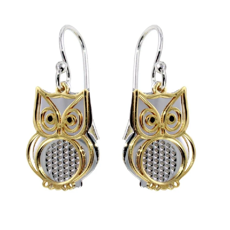 Ladies earrings gothic revival styles-Two-Tone 925 Sterling Silver Flat Owl Earrings - SOE00001