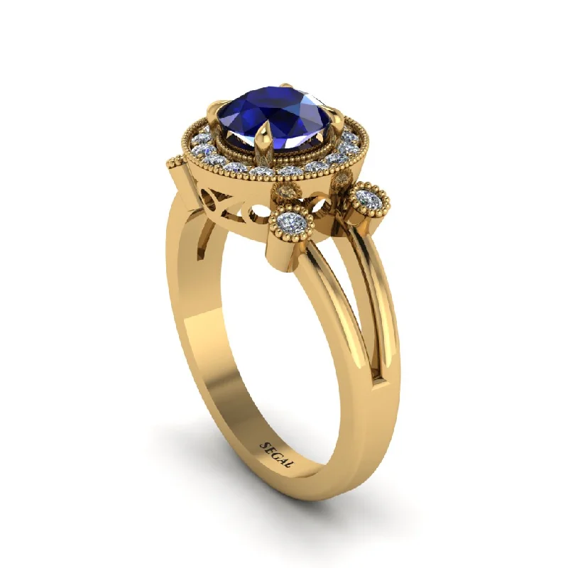 Ladies engagement rings rose-cut diamonds-Radiant Sapphire Halo Gold Engagement Ring - Madilyn No. 13