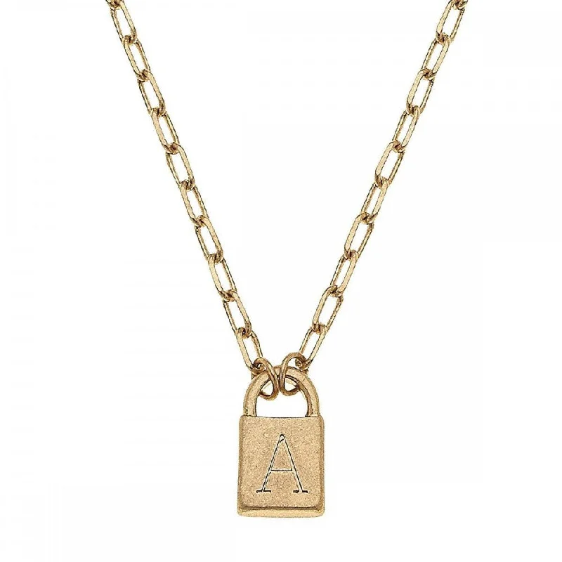 ladies necklace ruby brushed-Initial Padlock Pendant Necklace, Worn Gold