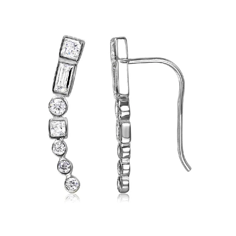 Ladies earrings adjustable fit options-Silver 925 Rhodium Plated Baguette and Round CZ Climbing Earrings - STE01068