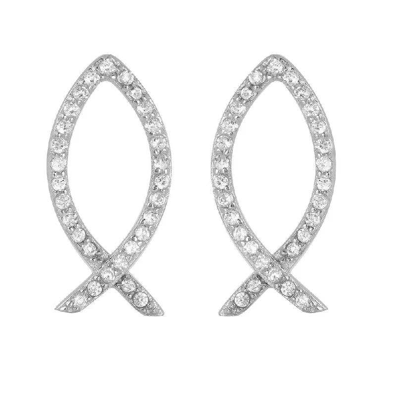 Ladies earrings pink diamond styles-Silver 925 Rhodium Plated Open Fish Earrings - STE00967