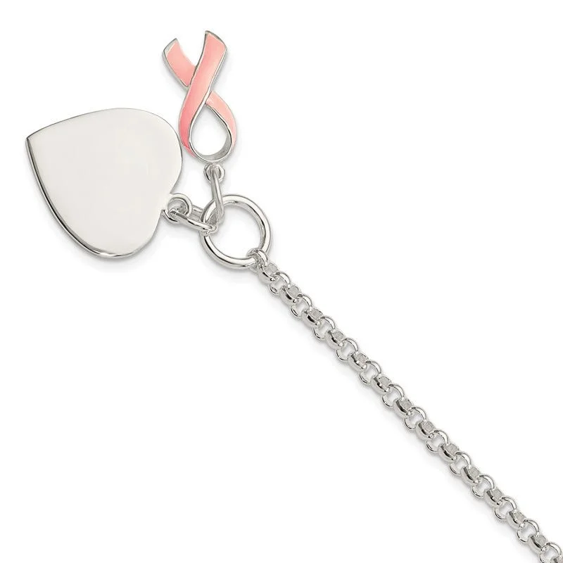 ladies bracelet opal ornate-Sterling Silver Fancy Engraveable Heart with Pink Ribbon Bracelet