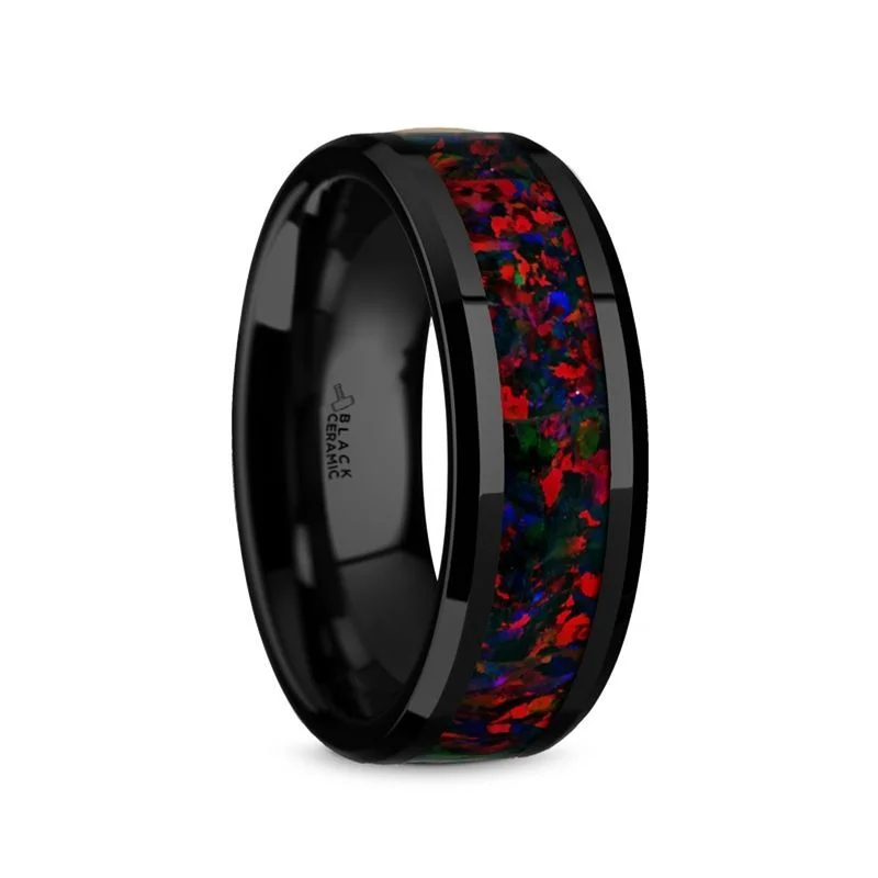 Ladies rings infinity symbol designs-Thorsten MATRIX Black Ceramic Polished Beveled Edges Men’s Wedding Band with Black Opal Inlay