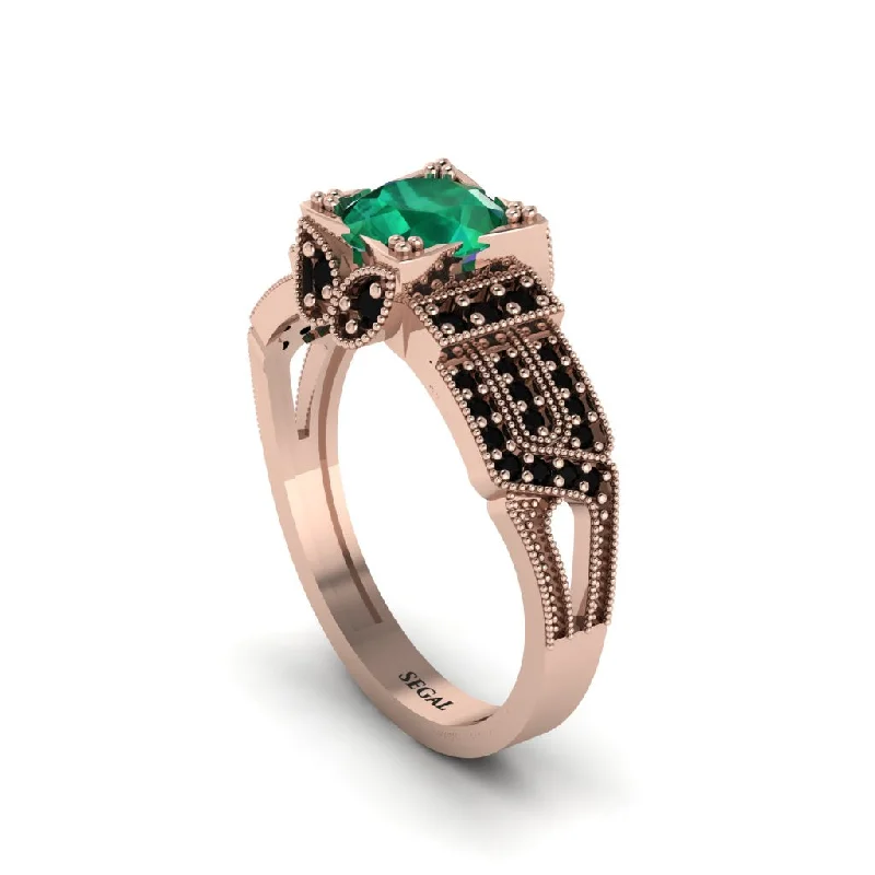 Ladies engagement rings black diamond solitaires-Emerald Milgrain Gold Engagement Ring - Lyric No. 35