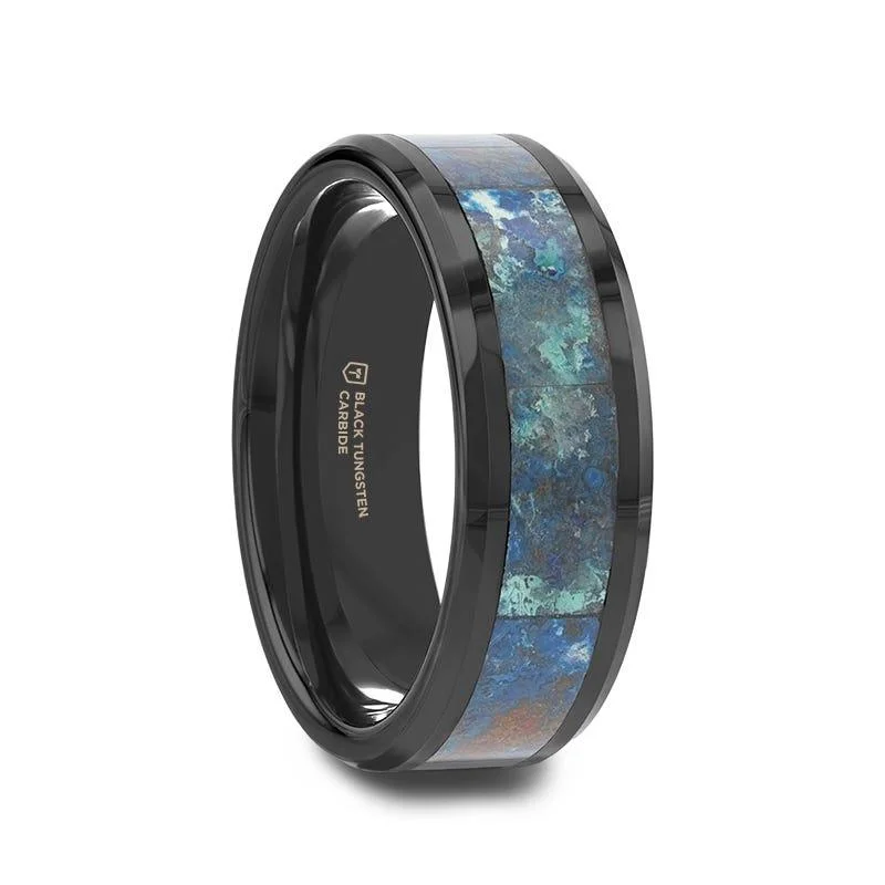 Ladies rings moon phase designs-Thorsten CELADON Black Beveled Ceramic Wedding Band with Polished Chrysocolla Inlay - 8mm