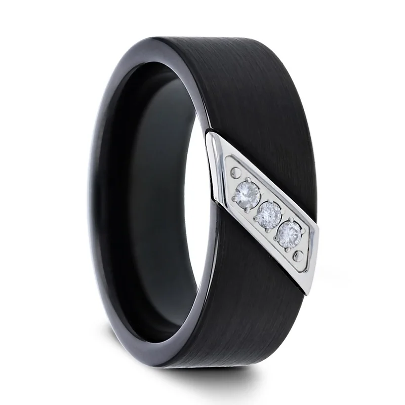 Ladies rings nature-inspired patterns-Thorsten LIAM Flat Black Satin Finished Tungsten Carbide Wedding Band with Diagonal Diamonds Set in Stainless Steel - 8mm