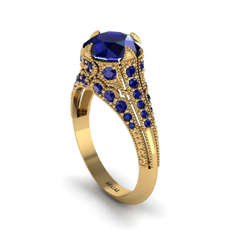 Ladies engagement rings festive halo designs-Sapphire Vintage Crown Engagement Ring - Talia No. 73