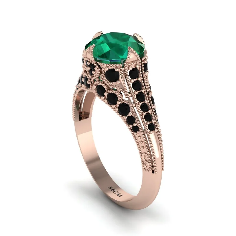 Ladies engagement rings hammered halo styles-Emerald Vintage Crown Engagement Ring - Talia No. 35