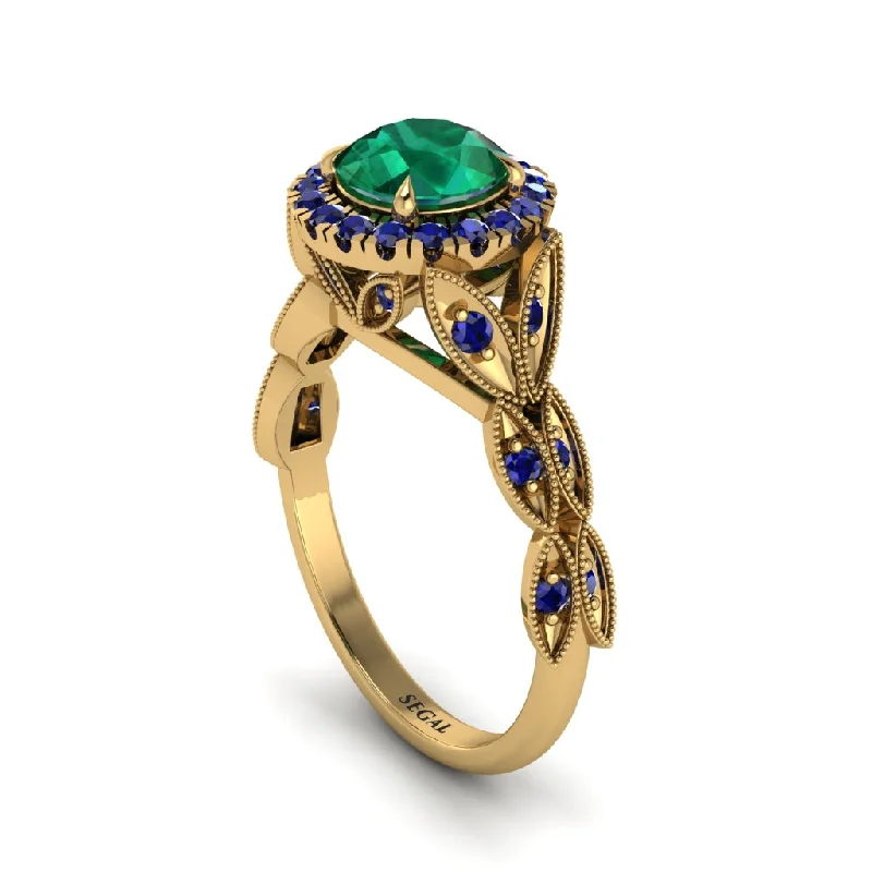 Ladies engagement rings vintage gold-Emerald Halo Nature Inspired Leaf Engagement Ring - Alessandra No. 64