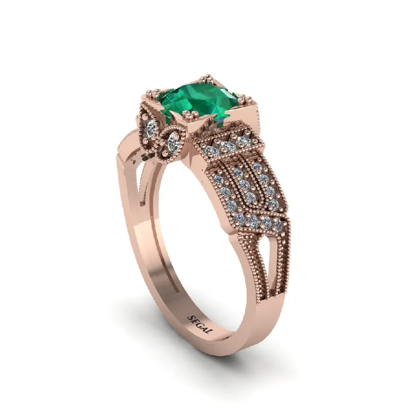 Ladies engagement rings delicate halo diamonds-Emerald Milgrain Gold Engagement Ring - Lyric No. 5