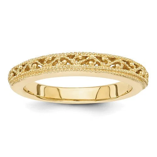 Ladies rings salt-and-pepper styles-14k Yellow Gold Filigree Openwork Milgrain 3mm Band