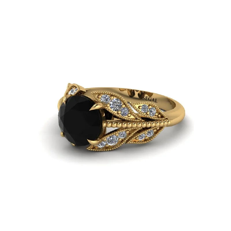 Ladies engagement rings artisan gemstone cuts-Black Diamond Majestic Leaf Gold Engagement Ring - Makenna No. 7