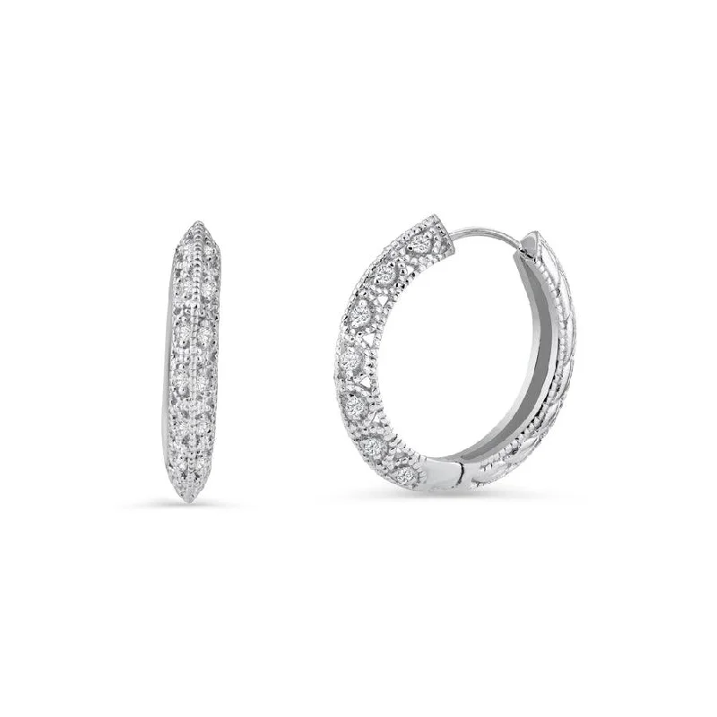 Ladies earrings wedding accessory pieces-Silver 925 Rhodium Plated Micro Pave Clear CZ Hoop Earrings - ACE00010