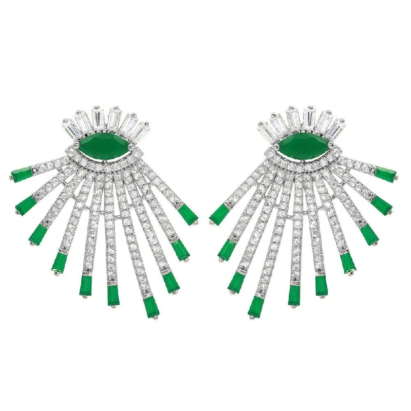 Ladies earrings classic revival designs-Rhodium Plated 925 Sterling Silver Clear and Green CZ Drop Earrings - GME00105RH-GREEN