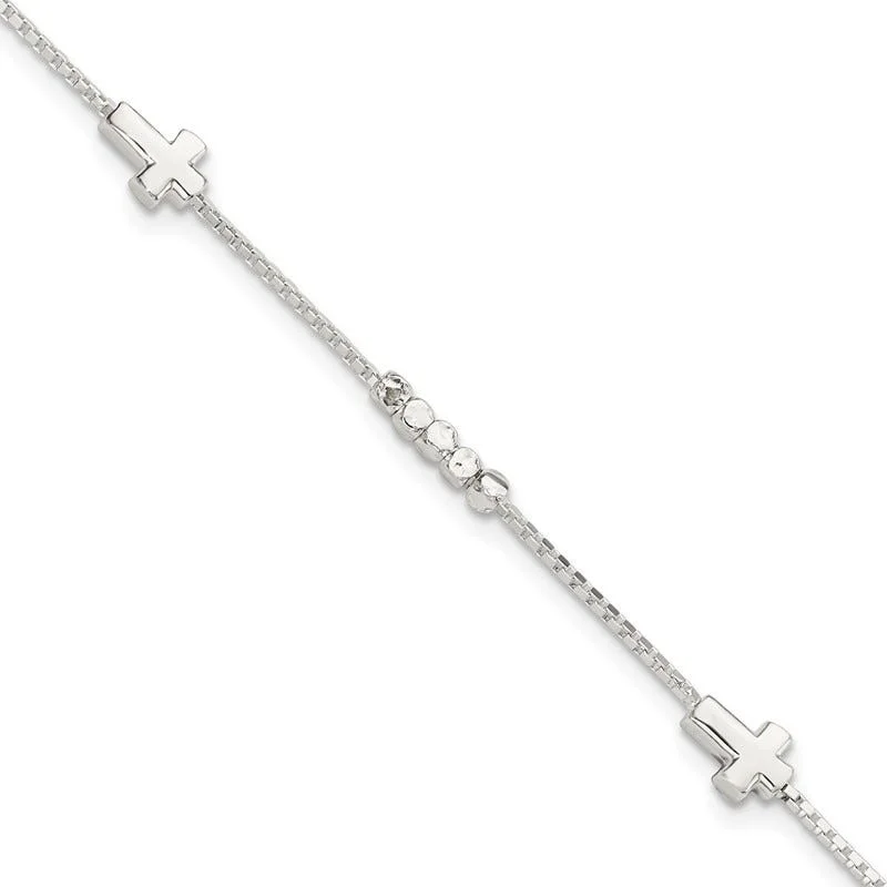 ladies bracelet engraved pave-Sterling Silver Fancy Bead & Cross w/ 1in ext Bracelet