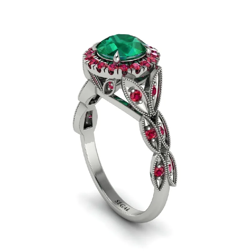 Ladies engagement rings luxury solitaires-Emerald Halo Nature Inspired Leaf Engagement Ring - Alessandra No. 51