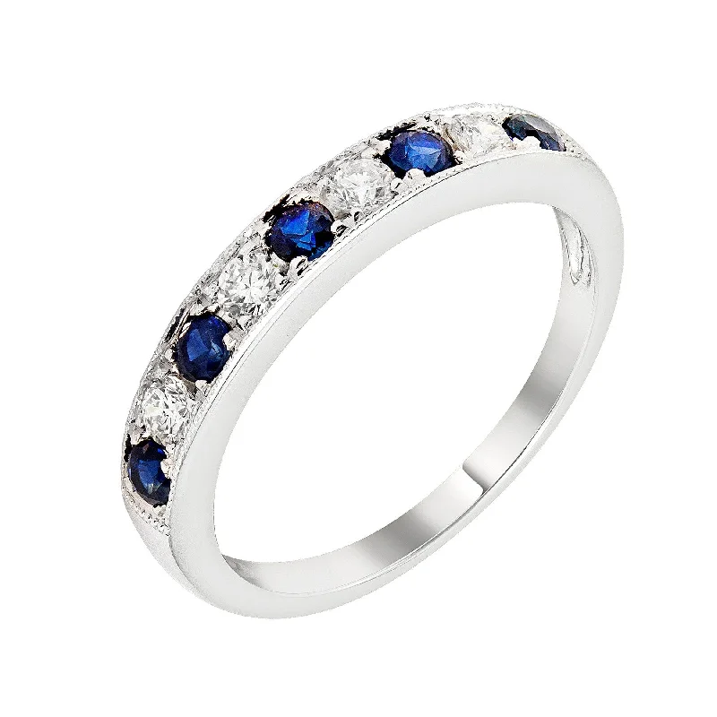 Ladies rings retro futuristic styles-14k White or Yellow Gold Blue Sapphire & Diamond Wedding Anniversary Band