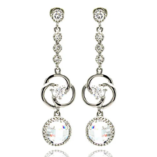 Ladies earrings clip-on earring styles-Silver 925 Rhodium Plated Spiral Design CZ Dangling Earrings - BGE00185