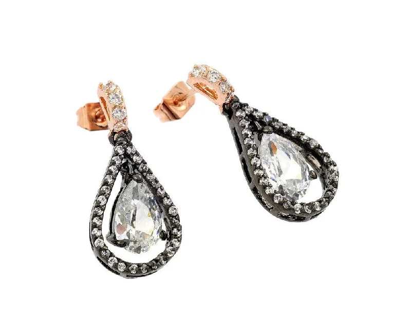 Ladies earrings cascading stone earrings-Clearance-Silver 925 Rose Gold and Black Rhodium Plated Teardrop CZ Dangling Stud Earrings - BGE00283