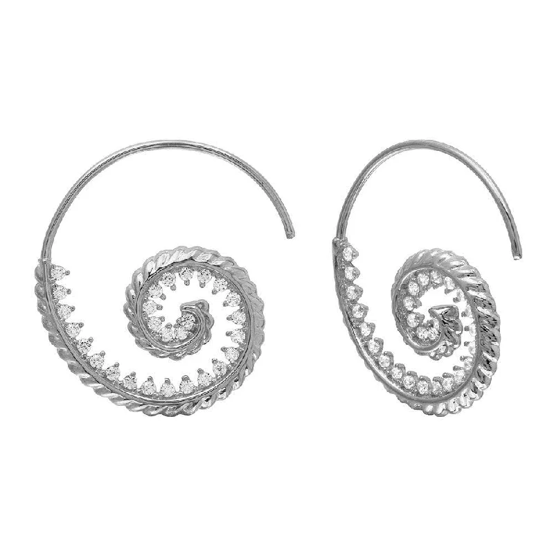 Ladies earrings artisan cooperative designs-Rhodium Plated 925 Sterling Silver Spiral Design CZ Earrings - GME00108RH