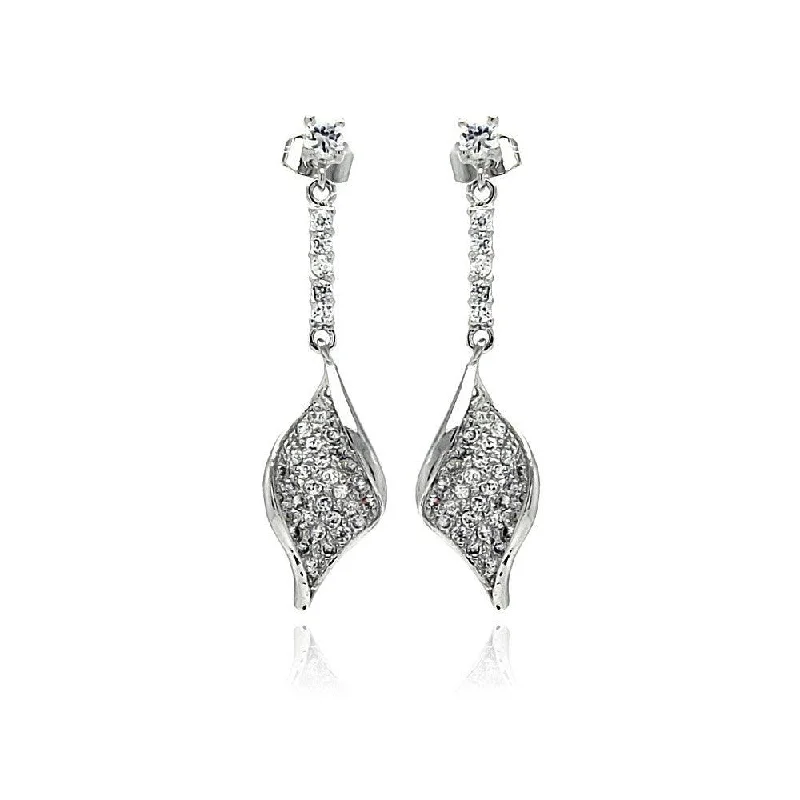 Ladies earrings bold geometric designs-Silver 925 Rhodium Plated Leaf CZ Inlay Dangling Stud Earrings - BGE00269