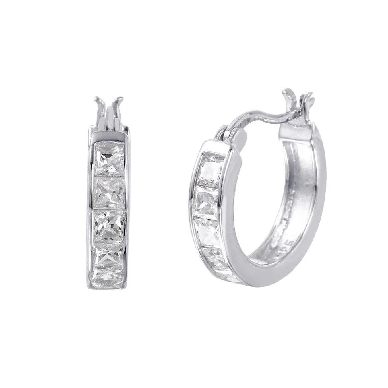 Ladies earrings heart-shaped accents-Silver 925 Rhodium Plated Hoop Square CZ Earrings - STE00732