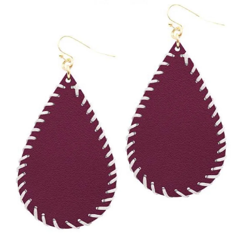 Ladies earrings brilliant cut designs-College Football Leather Sport Earrings (drop) Maroon and White