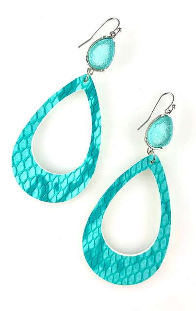 Ladies earrings green diamond earrings-Turquoise Snake Skin Print Faux Leather Earrings