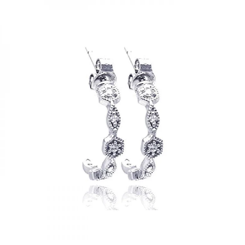 Ladies earrings loose drop styles-Silver 925 Rhodium Plated Round Marquis Clear CZ Semi Hoop Earrings - STE00754