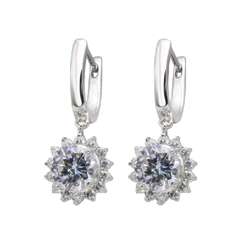 Ladies earrings leaf shape earrings-Silver 925 Rhodium Plated Sun CZ Dangling huggie hoop Earrings - BGE00119