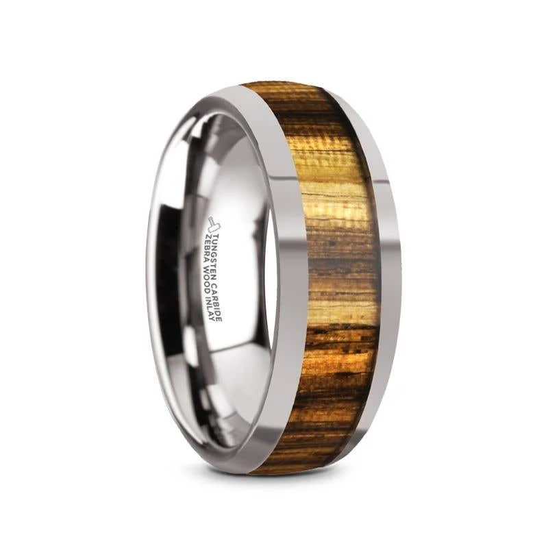 Ladies rings spinning band styles-Thorsten TIGRE Tungsten Carbide Polished Finish Men’s Domed Wedding Band with Zebra Wood Inlay - 8mm