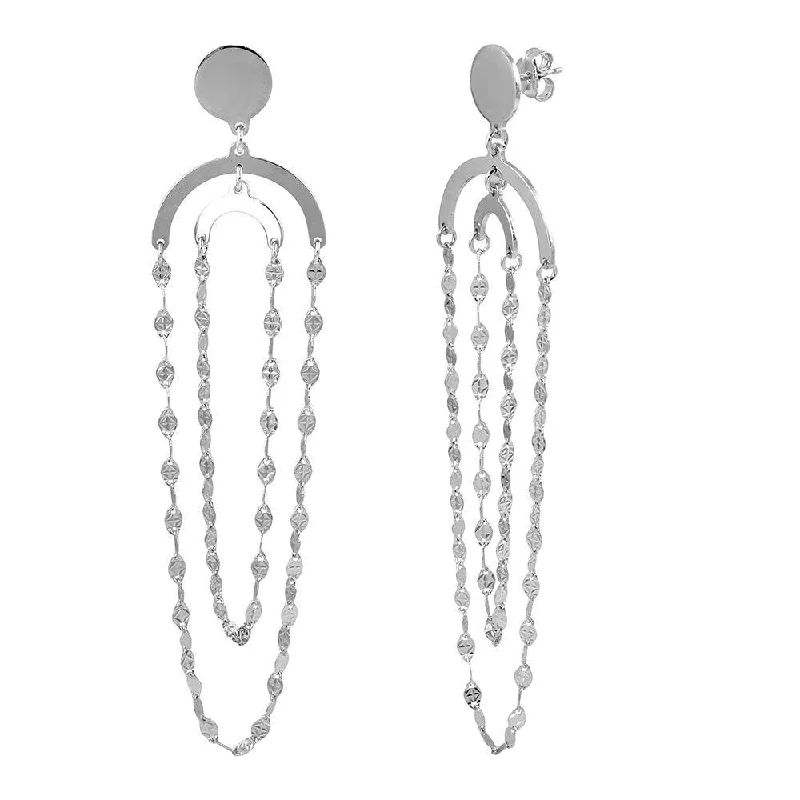 Ladies earrings retro charm designs-Rhodium Plated 925 Sterling Silver Hanging Double Loop Chain Earrings - ARE00014RH