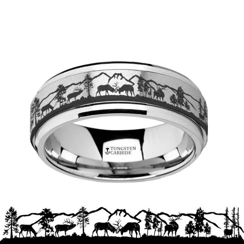 Ladies rings extra thin rings-Thorsten Spinning Engraved Elk Deer Stag Mountain Range Tungsten Carbide Spinner Band - 8mm