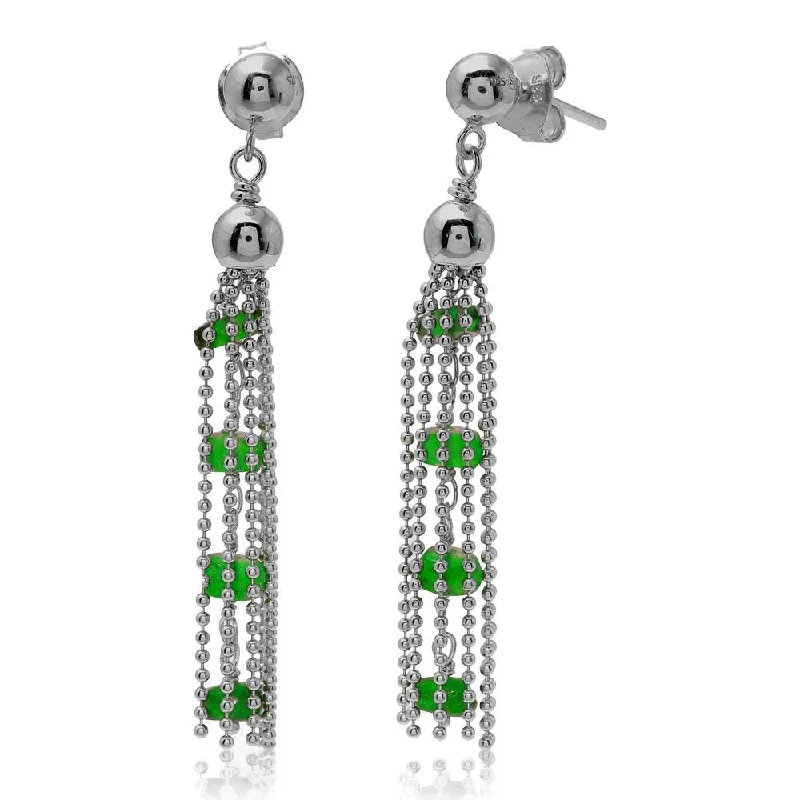 Ladies earrings Middle Eastern designs-Rhodium Plated 925 Sterling Silver Dropped Bead Chain and Green Bead Earrings - DIE00004RH-EM