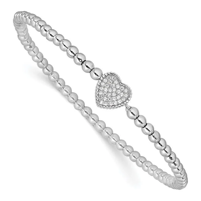 ladies bracelet classic gold-Sterling Silver Rhodium-plated Polished Beaded CZ Heart Stretch Bracelet