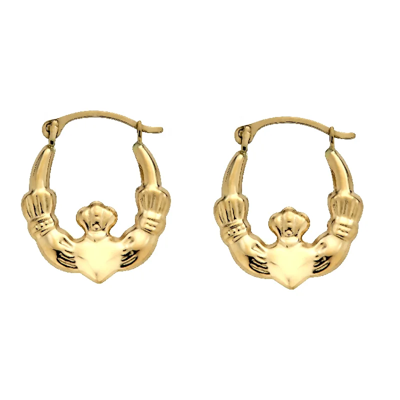 Ladies earrings smart buying advice-14E00386. - 14 Karat Yellow Gold Textured Crown Heart Hoop Latch Lock Earrings