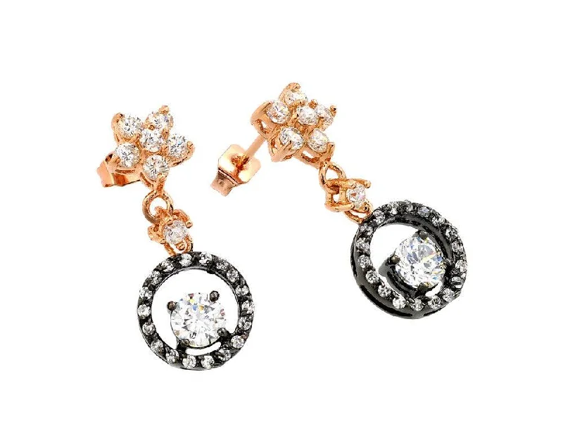 Ladies earrings bezel set styles-Clearance-Silver 925 Rose Gold and Black Rhodium Plated Flower Round CZ Dangling Stud Earrings - BGE00284