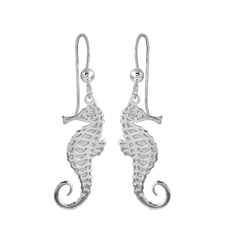 Ladies earrings lightweight stud designs-Rhodium Plated 925 Sterling Silver Dangling Sea Horse Earrings - SOE00036