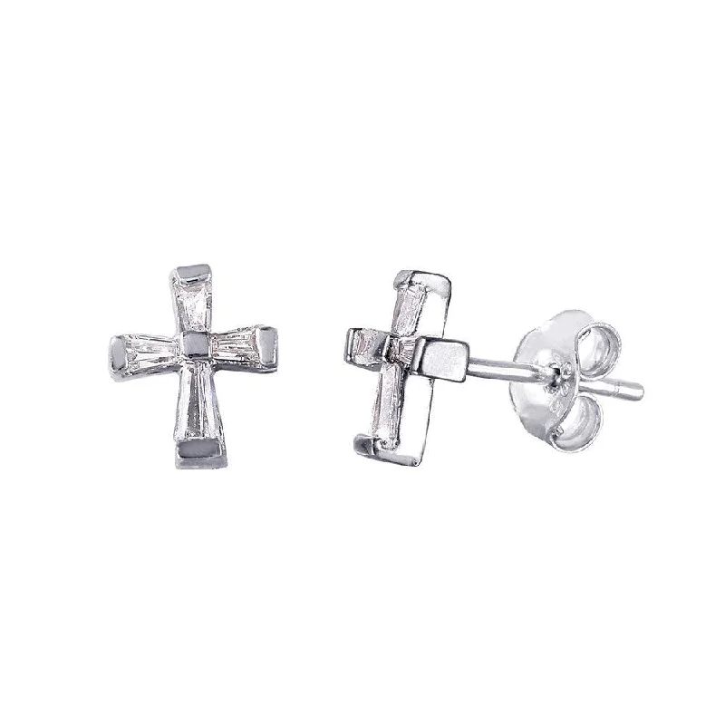 Ladies earrings cross motif accents-Silver 925 Rhodium Plated Baguette CZ Cross Earrings - STE01025