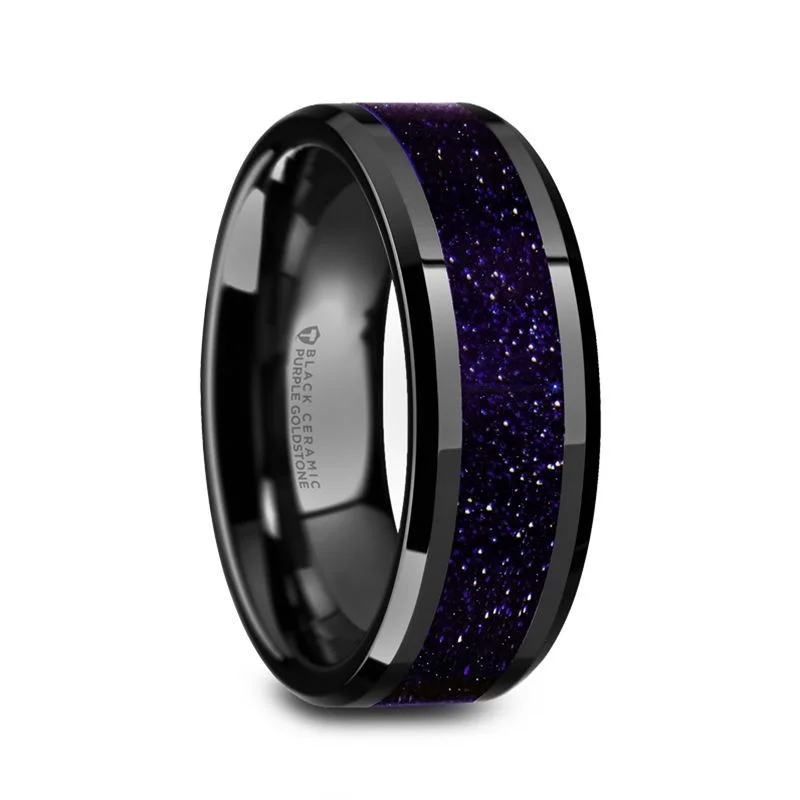 Ladies rings turquoise detail rings-Thorsten MELO Black Ceramic Beveled Polished Men’s Wedding Band with Purple Goldstone Inlay