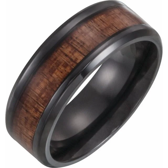 Ladies rings famous designer labels-Black Titanium 8 mm Beveled-Edge Comfort-Fit Band with Hawaiian Koa Wood Inlay