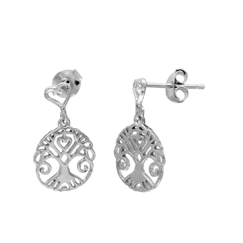 Ladies earrings cabochon stone designs-Rhodium Plated 925 Sterling Silver Tree Of Life Outline Disc Dangling Earrings - BGE00505