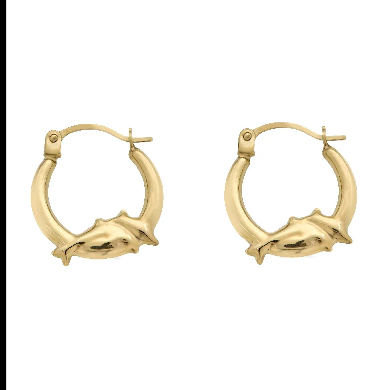 Ladies earrings signature piece designs-14E00375 - 14 Karat Yellow Gold Dolphin Design Latch Back Hoop Earring